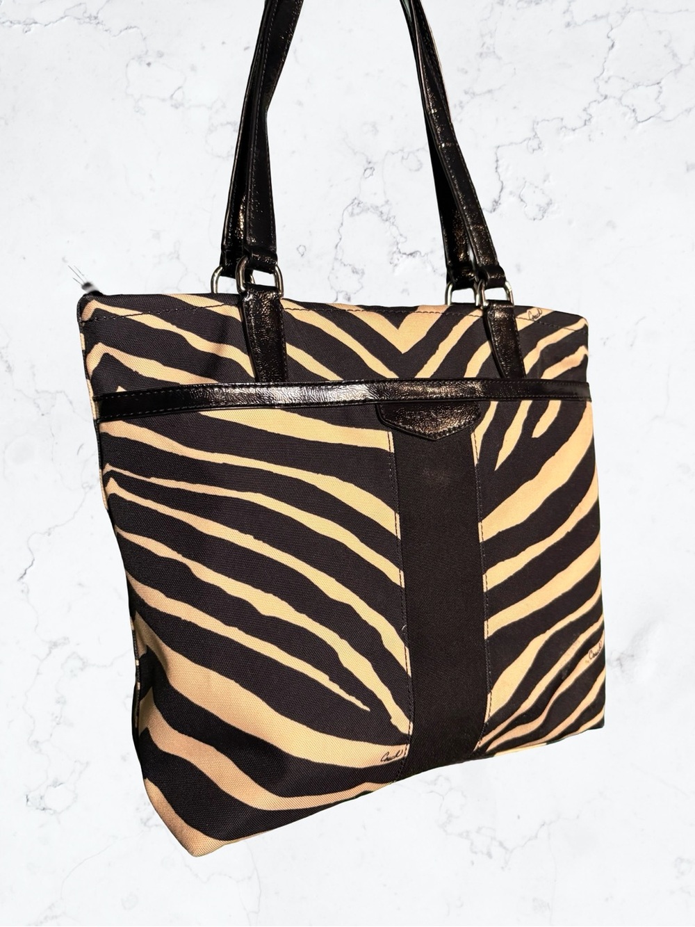 Coach Zebra-Print Tote - Black & Tan - Picture 2 of 3